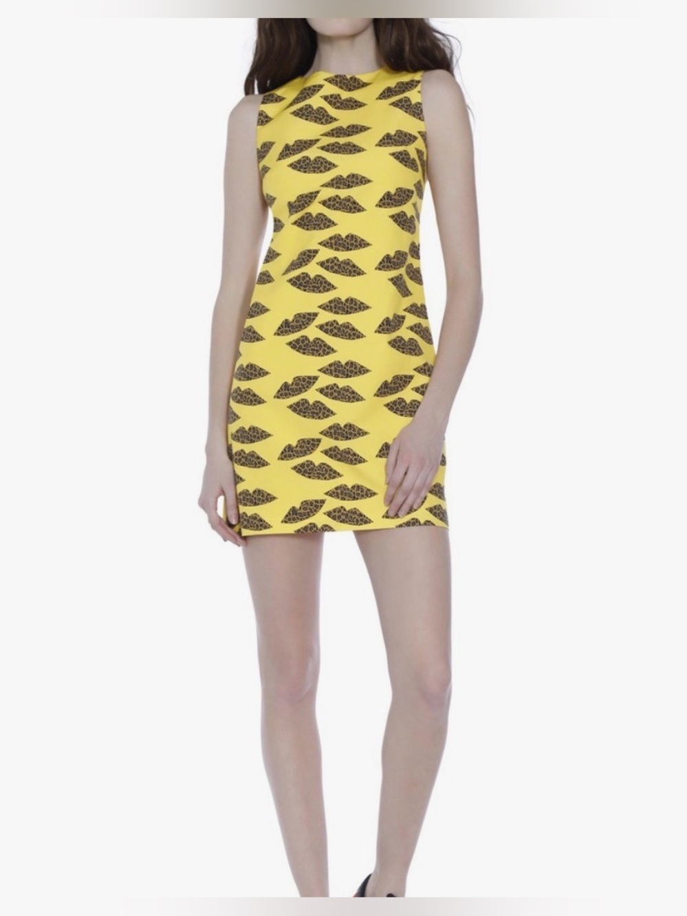 Alice + Olivia Donald Clyde Yellow Sleeveless Lips Printed Shift Dress